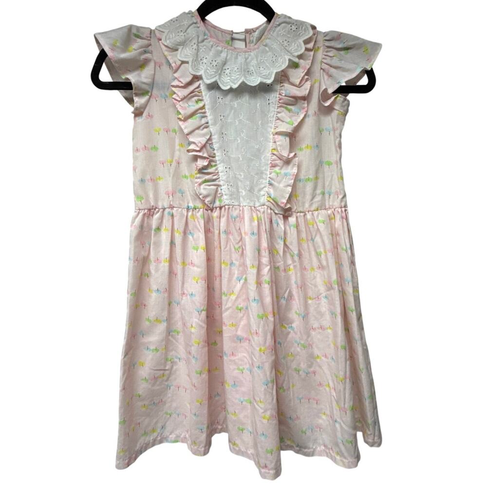 Vintage 70s 80s Girls Dress Size 7 Pink White Short Sleeve Ruffles Eyelet Lace